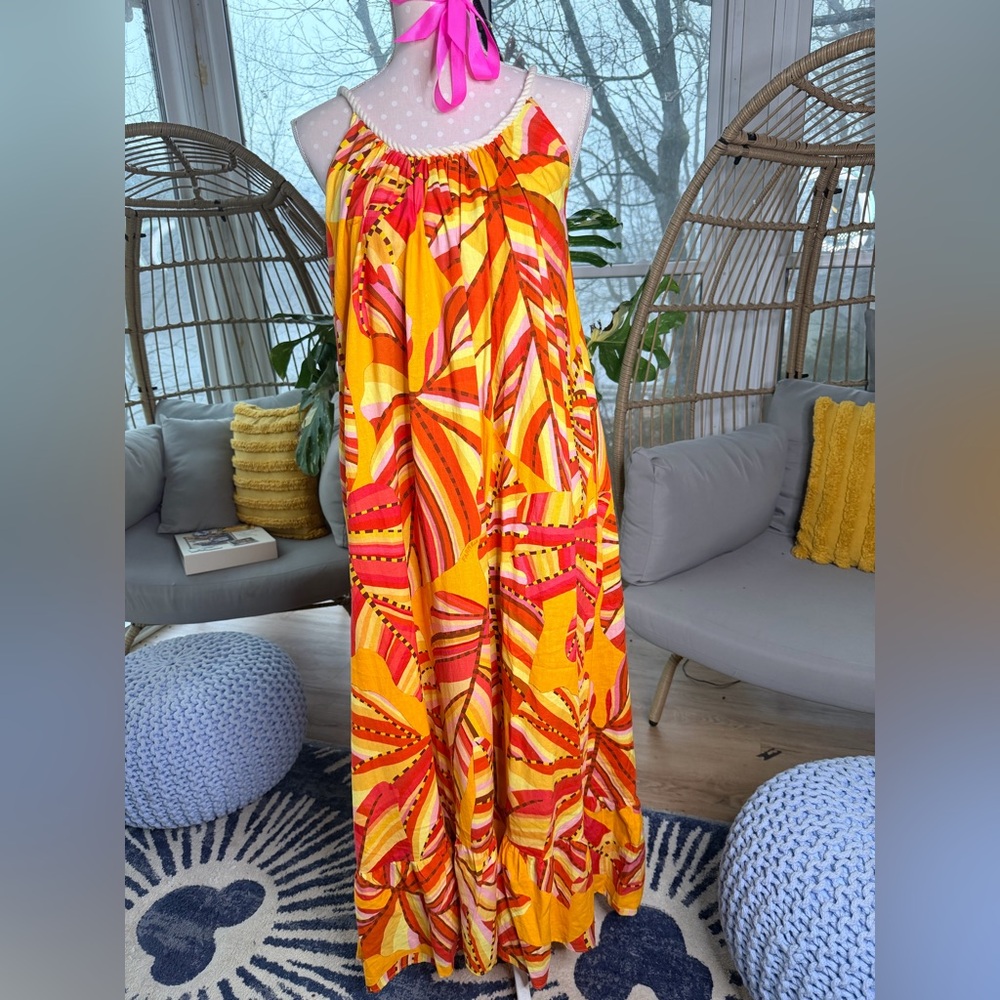 Farm Rio Anthropologie Bright Orange and Pink Maxi Size extra small